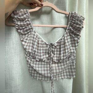 3/$15 🦋 Gingham Tan & white Checkered Crop Top Stretch with Sheer bottom Medium